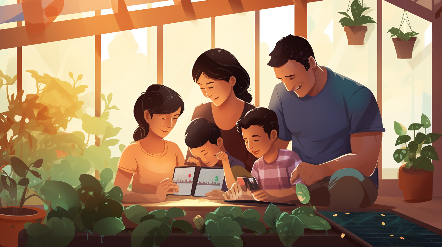 Eine Familie prüft ihren Energieverbrauch auf einem Tablet in ihrem umweltfreundlichen Zuhause, das mit einer Solaranlage auf ihrem Dach betrieben wird.