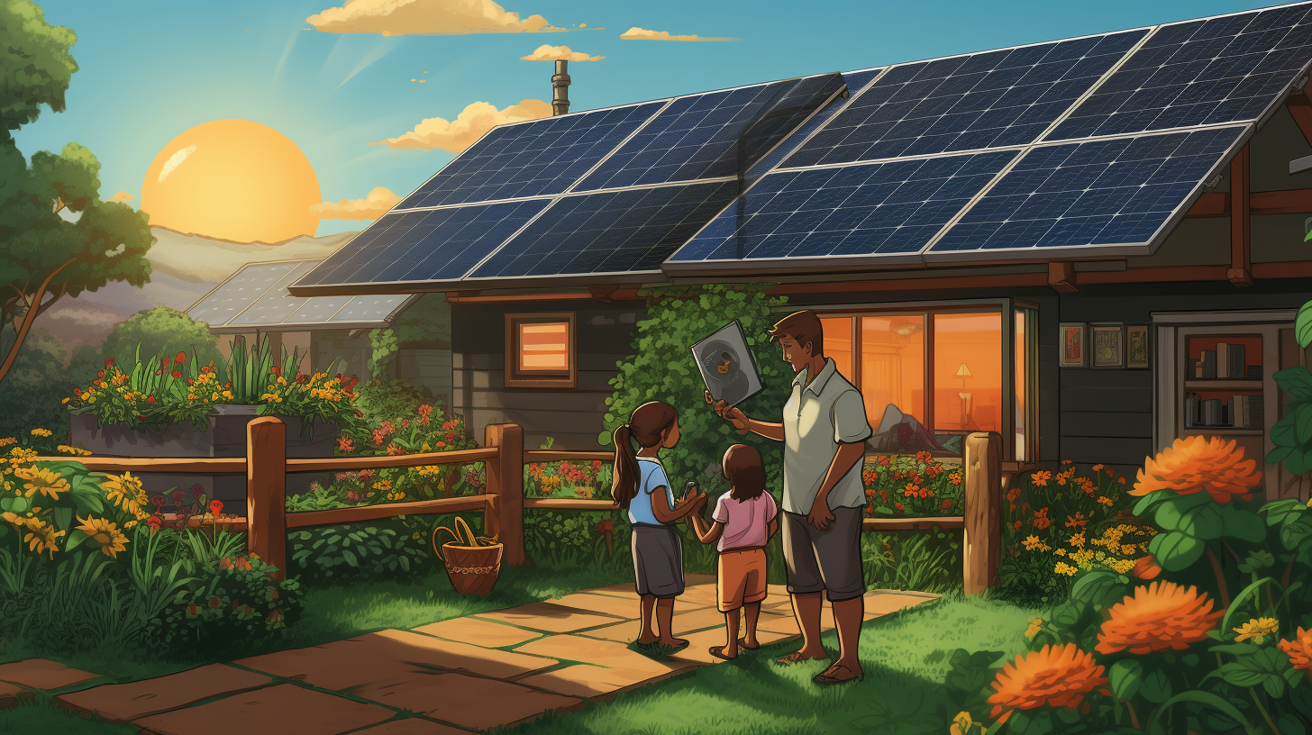 Eine Familie, die sich über die Effizienz ihres Garten-Solarpanelsystems wundert, mit einem digitalen Zähler, der die erzeugte Energie anzeigt, und Solarpaneelen im Hintergrund.