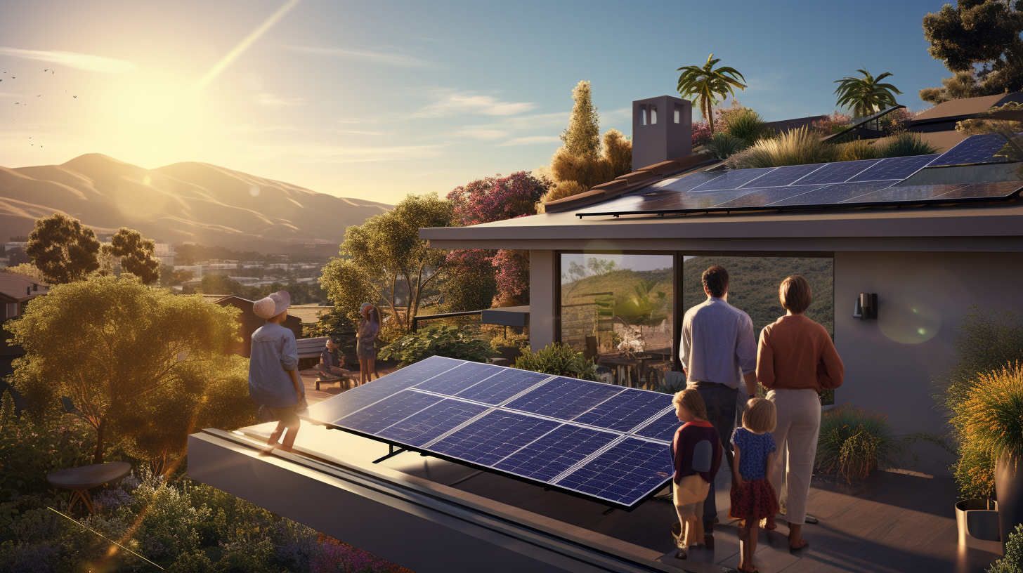 Eine Familie steht auf ihrem Balkon und betrachtet ihr neu installiertes Solarenergie-System.