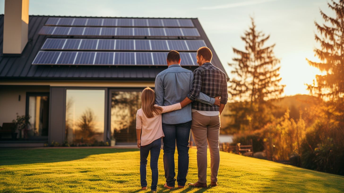 Eine Familie steht nahe ihrem Haus und betrachtet ihre neu installierten Solarpaneele, was das wachsende Interesse an solaren Energiesystemen für den Hausgebrauch symbolisiert.