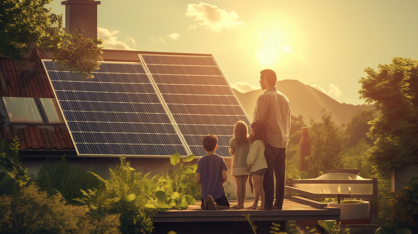 Eine Familie diskutiert über die passende Größe des Solarmodulsystems entsprechend ihrem Energieverbrauch.