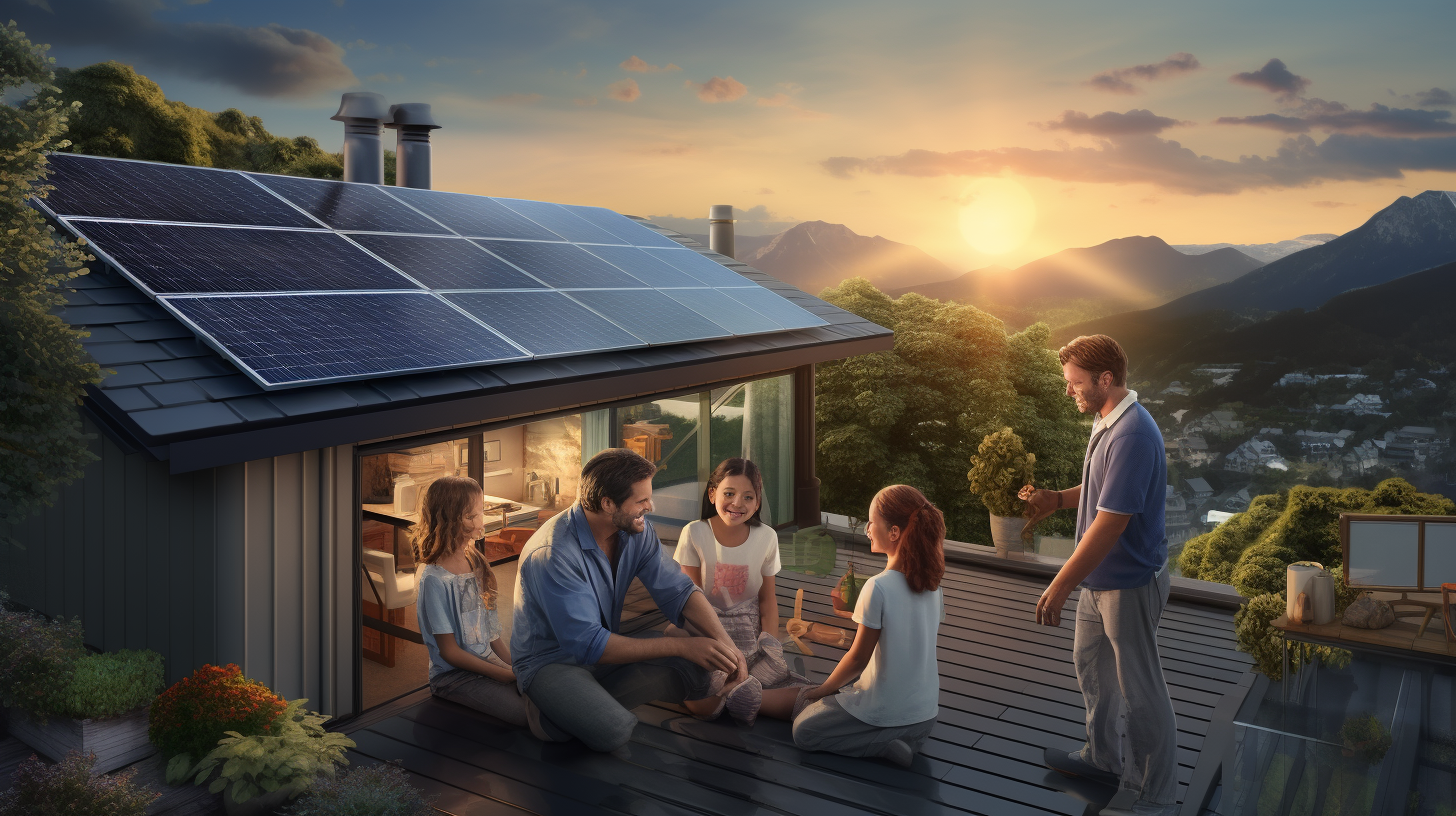 Eine Familie diskutiert freudig über die Installation eines neuen Solarstromsystems mit Speicher in ihrem Zuhause