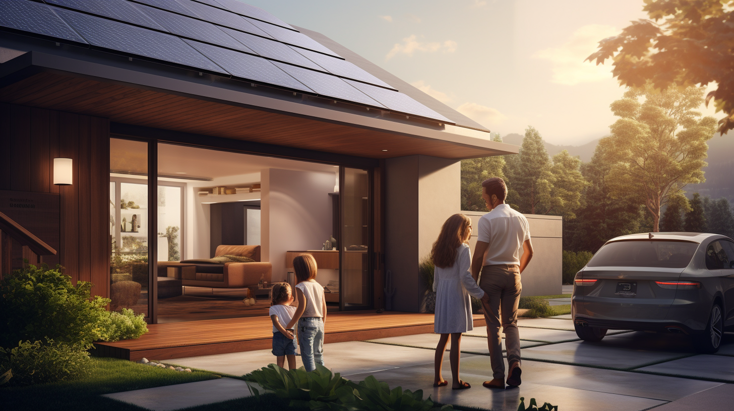Eine Familie betrachtet erfreut ihre gesunkene Energierechnung in ihrem energieeffizienten Haus. Im Vordergrund ist ein Solarmodul zu sehen, das auf die Quelle ihrer Energieeinsparungen hinweist.