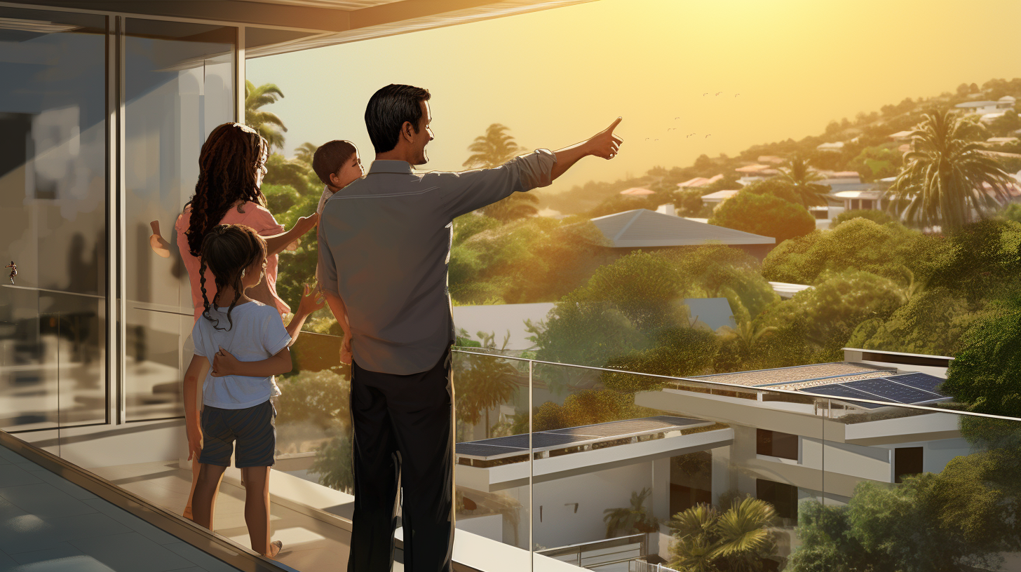Eine dreiköpfige Familie steht auf dem Balkon ihrer Wohnung, zeigt und schaut glücklich auf ihre neu installierten Solarpaneele. Die Solarpaneele sind schlank und an das Geländer des Balkons montiert, nehmen minimalen Platz ein.