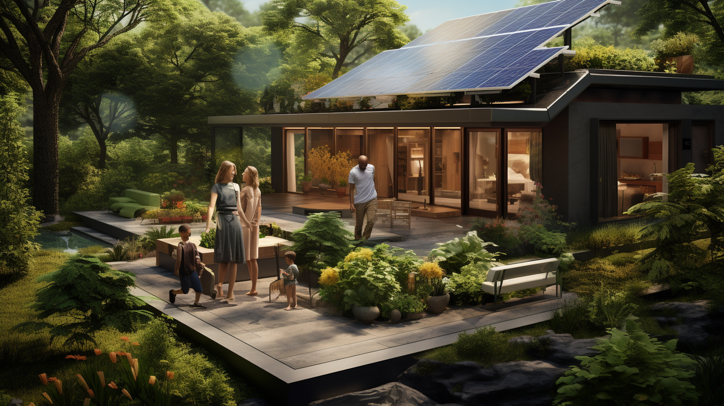 Eine Familie genießt ihr solarbetriebenes Gartenhaus in einem üppig grünen Garten.