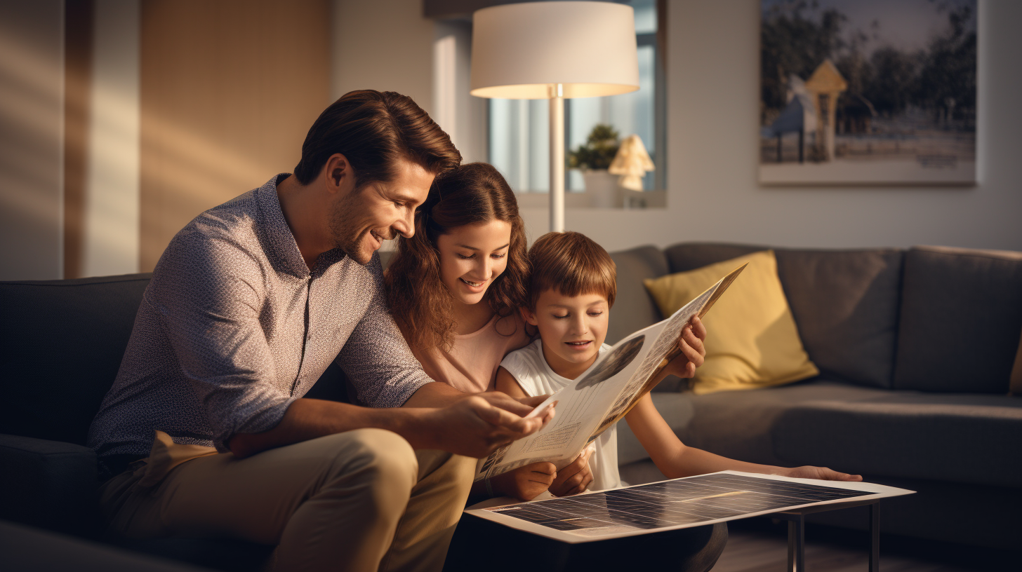 Eine Familie sitzt auf einem Sofa und schaut in einen Katalog für Solartechnik.