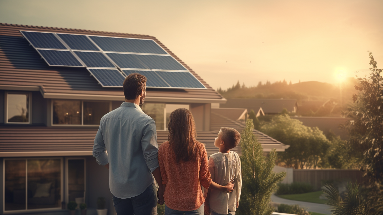 Ein Bild einer Familie, die vor ihrem Haus steht und auf ihre Dach-Solarpaneele zeigt.