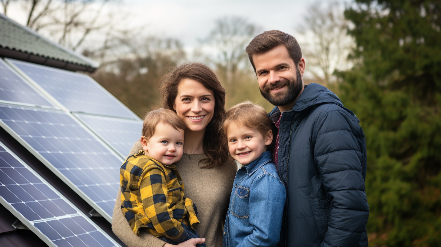 Eine Familie zeigt stolz die Solarpaneele, die sie auf ihrem Hausdach installiert haben, was ihr Engagement für umweltfreundliches Leben symbolisiert.
