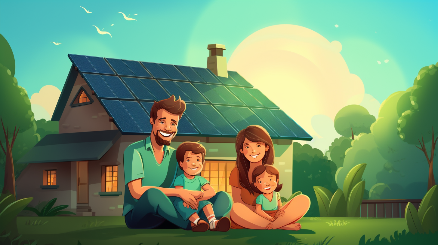 Eine Familie sitzt vor ihrem mit einer Solaranlage ausgestatteten Haus, lächelt und wirkt zufrieden mit ihrer Wahl für grüne Energie.