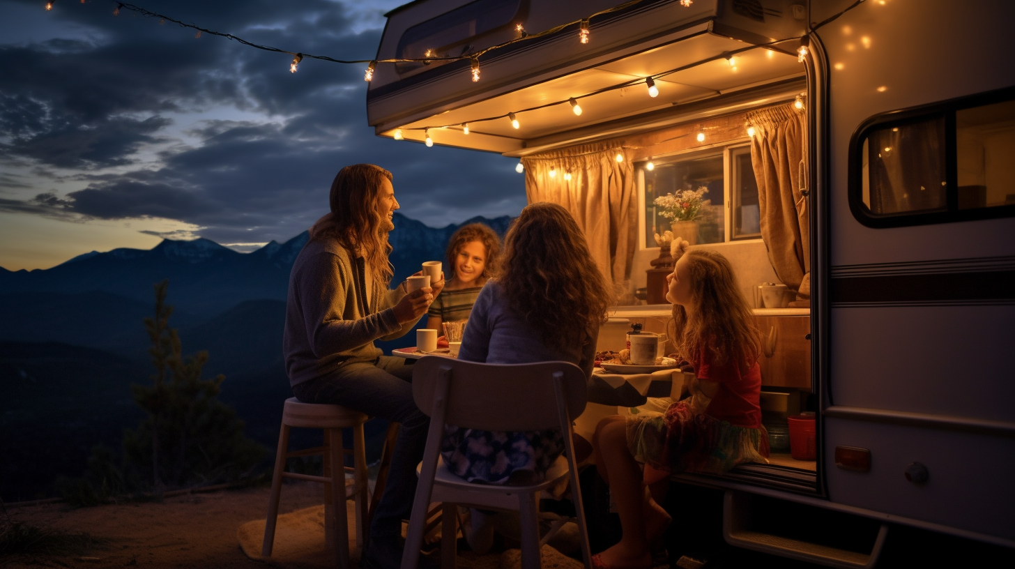 Eine Familie, die in ihrem gut beleuchteten Wohnmobil, das nachts durch ein solargesteuertes Dachpanelsystem mit Strom versorgt wird, Vergnügen findet.