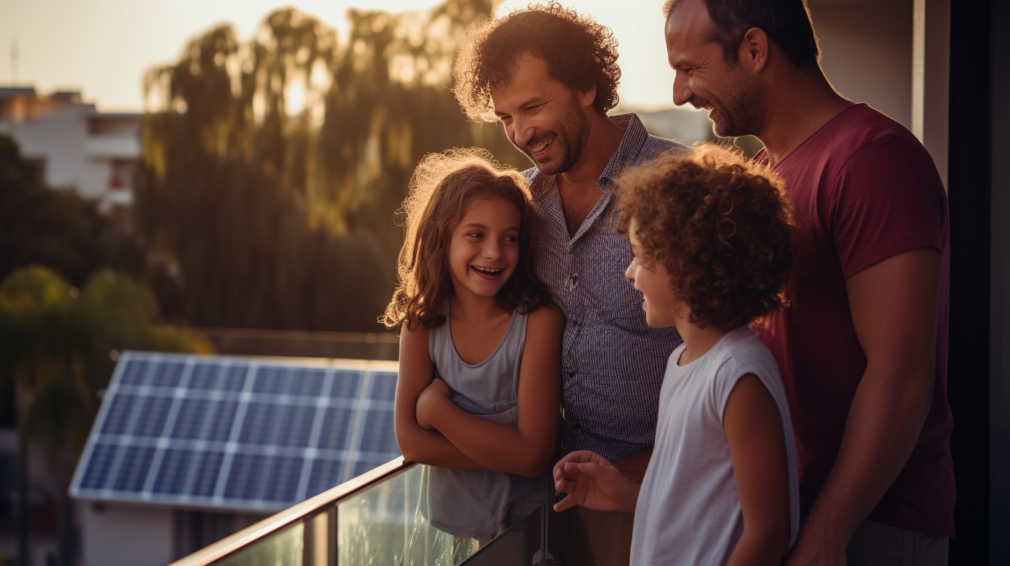 Eine fröhliche Familie schaut auf ihre neu installierten Solarpanelen auf dem Balkon und erlebt die Freude, zur Umwelt beizutragen und Energiekosten zu sparen.