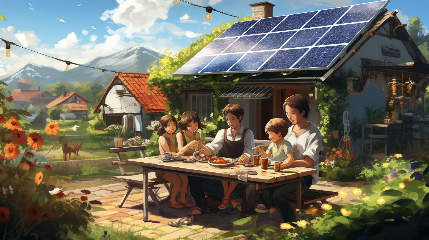 Eine glückliche Familie in ihrem Garten, die ein Picknick unter der Sonne genießt, mit sichtbaren Solarpaneelen, die auf dem Dach ihres Hauses im Hintergrund installiert sind.