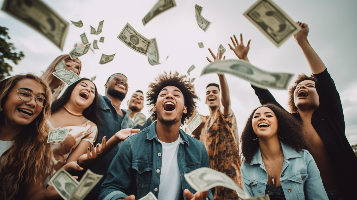 Eine Gruppe multikultureller Freunde, die lachen und Geld in die Luft werfen. Sie stehen für die finanzielle Freiheit, die durch effektive Sparmethoden erreicht werden kann.