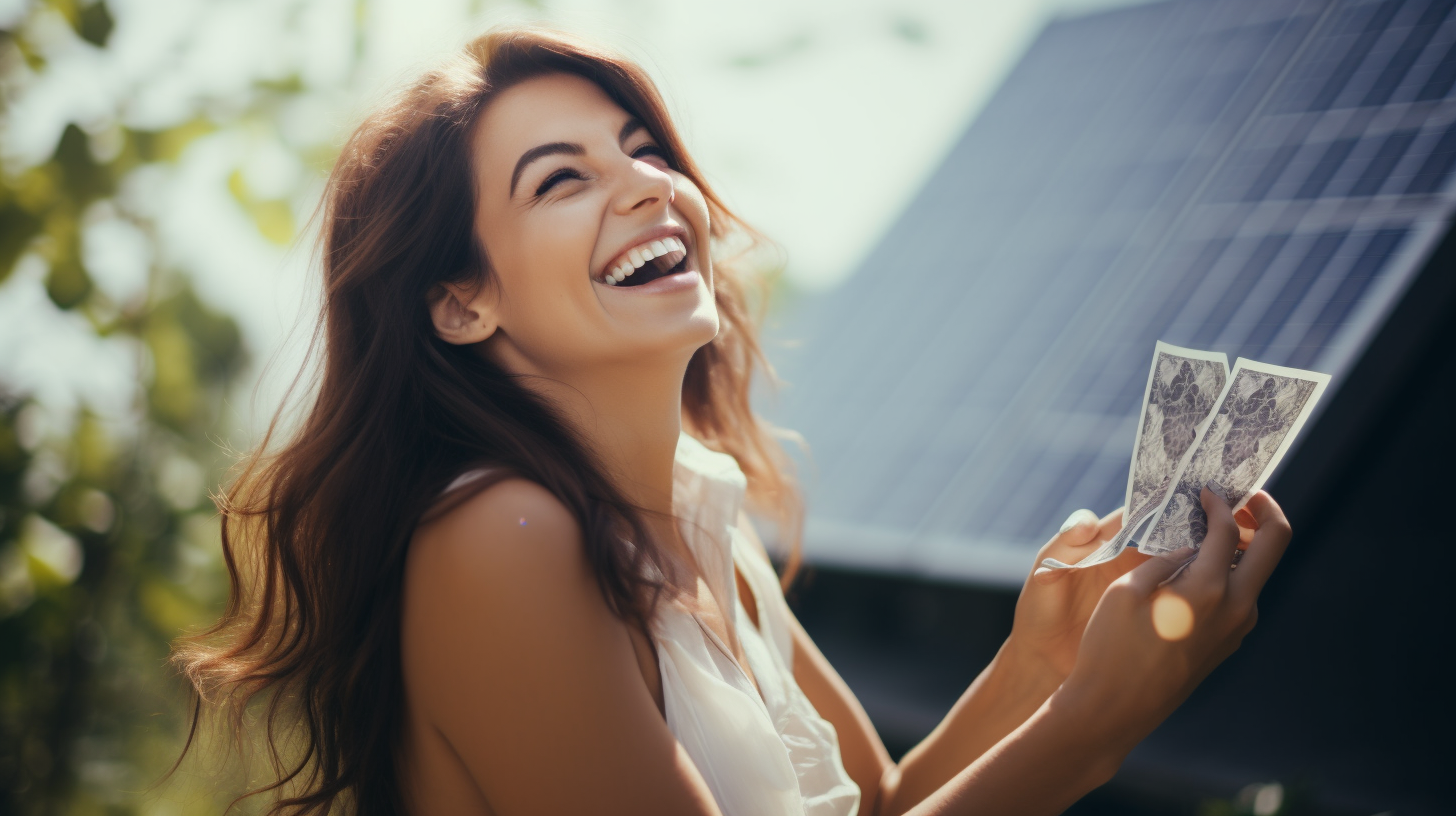 Eine Frau schaut glücklich auf eine Banknote und symbolisiert damit die finanziellen Vorteile einer Investition in Solarenergie.