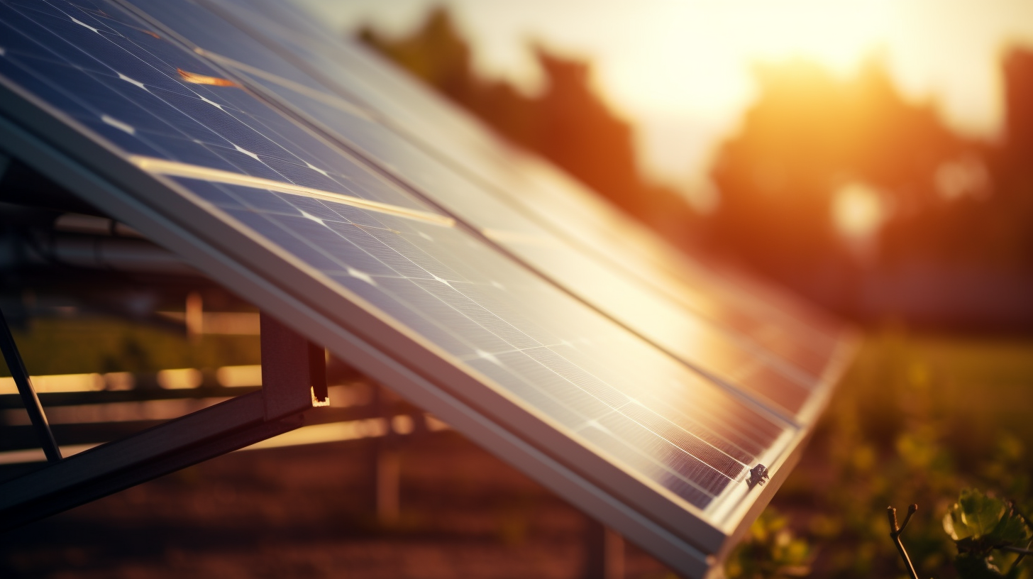 Mittelaufnahme eines photovoltaischen Sonnenkollektors, wobei der Fokus auf den Solarzellen liegt, die das Sonnenlicht absorbieren und es in Strom umwandeln.