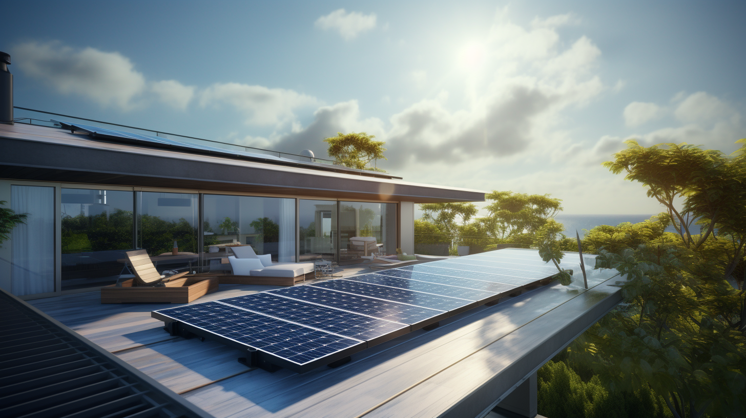Ein fotorealistisches Bild zeigt Solarflachkollektoren, die auf dem Dach eines Hauses installiert sind.