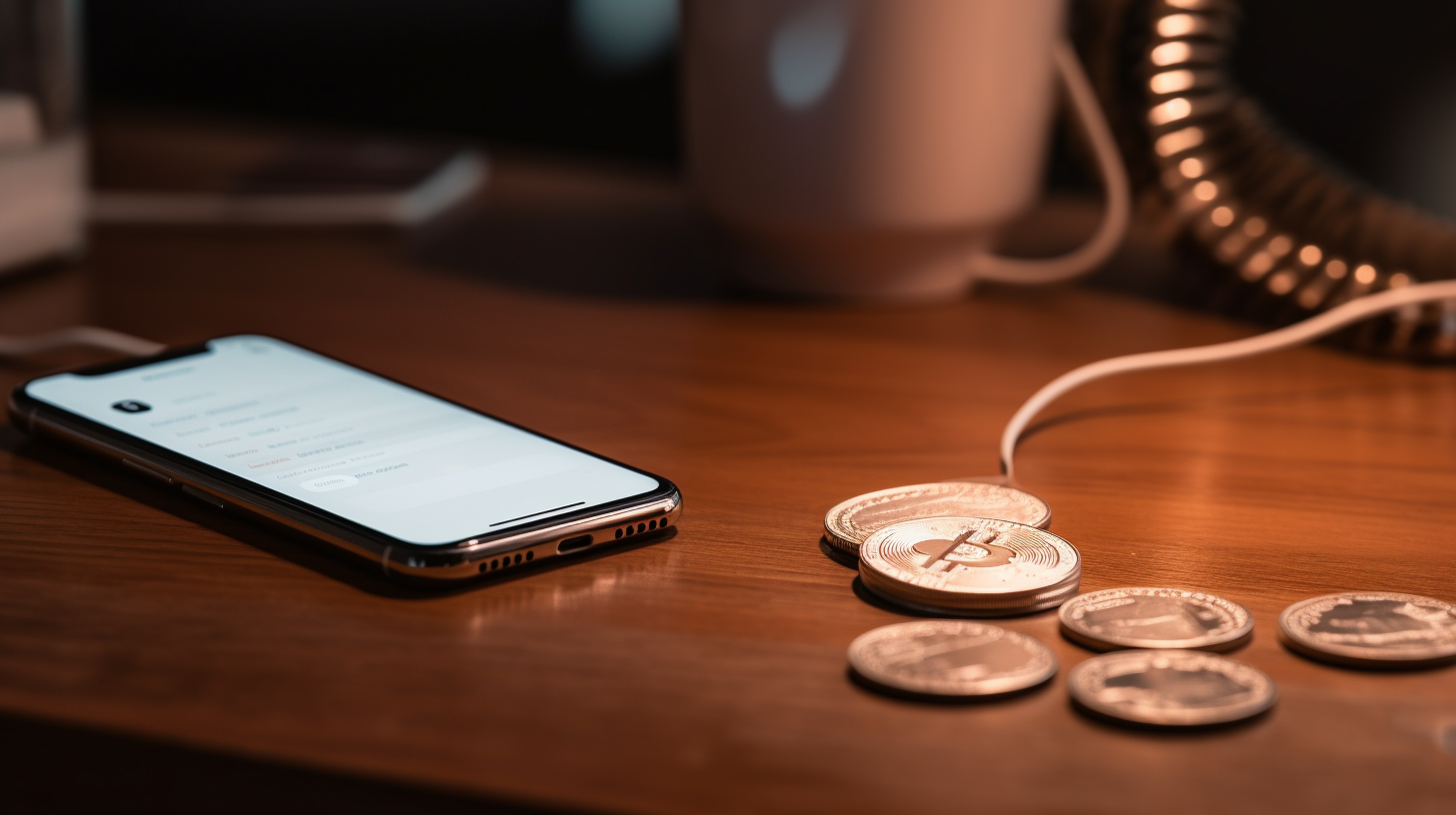 Eine silberne Münze und eine weiße Stromrechnung liegen auf einem Holztisch. Im unscharfen Hintergrund nutzt eine kaukasische Frau ihren Telefonrechner.