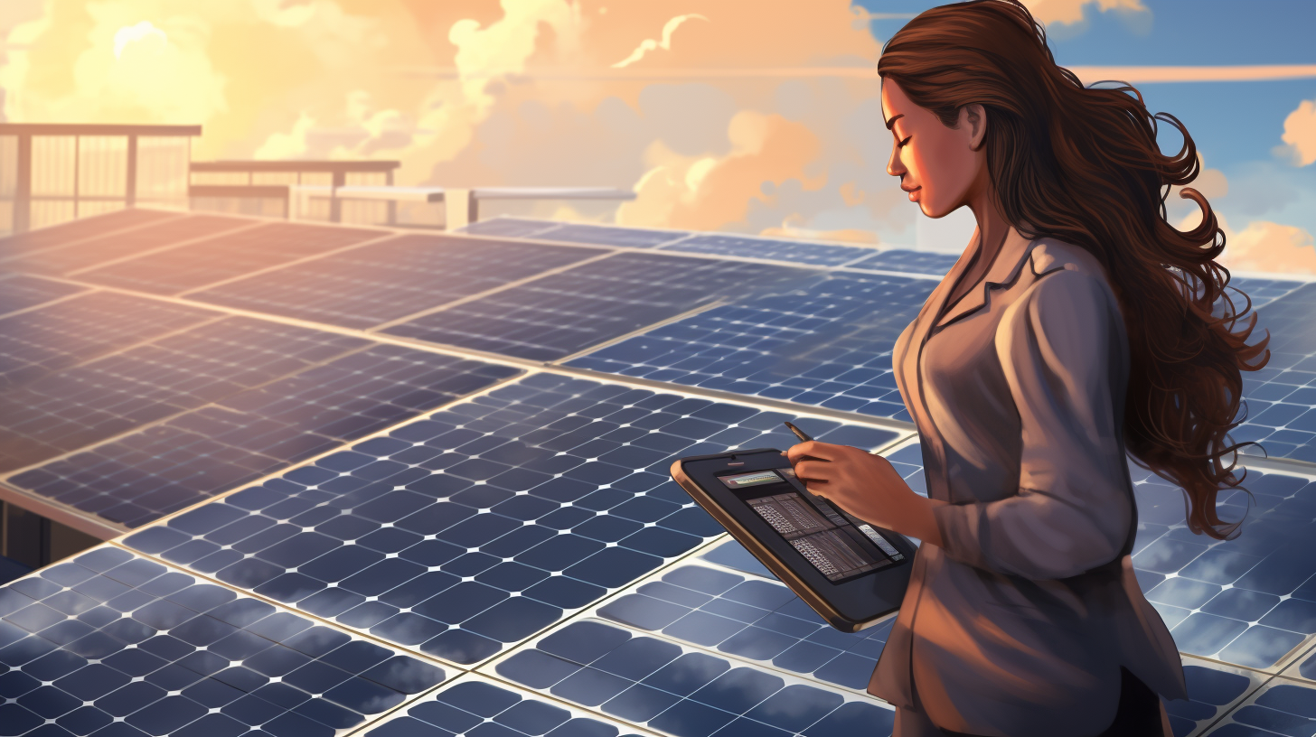 Eine Frau betrachtet eine Solaranlage auf einem Dach. Sie hält einen Taschenrechner in der Hand, um die finanziellen Vorteile zu berechnen.