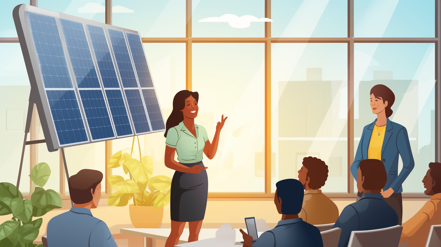 Eine selbstbewusste Frau erläutert einer Gruppe von Menschen in einem sonnigen Büro die Vorteile der Solarenergie und zeigt dabei auf eine Präsentation, die Bilder von Solarpaneelen enthält. Sie scheinen über Einsparungen bei den Energiekosten zu diskutieren und dies stellt eine Darstellung des Wissensaustauschs über Einsparungen durch Solarenergie dar.
