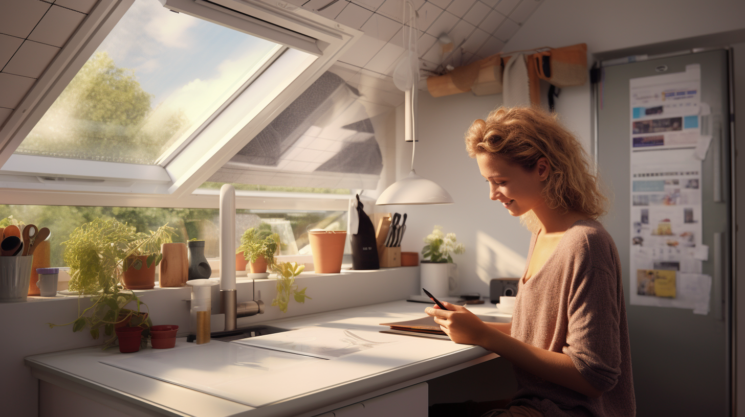 Eine lächelnde Frau betrachtet ihre reduzierte Stromrechnung in einer hellen, energieeffizienten Küche. Durch das Fenster ist eine kleine Plug-and-Play-Solaranlage auf dem Dach zu erkennen.