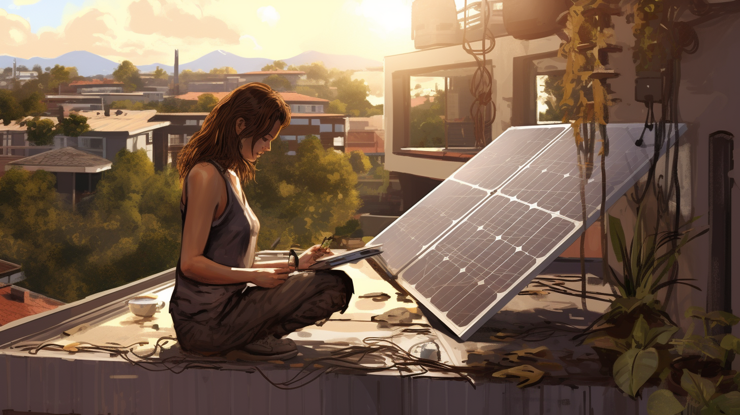 Eine Frau installiert ein Mini-Solarsystem auf ihrem Balkon an einem sonnigen Tag.