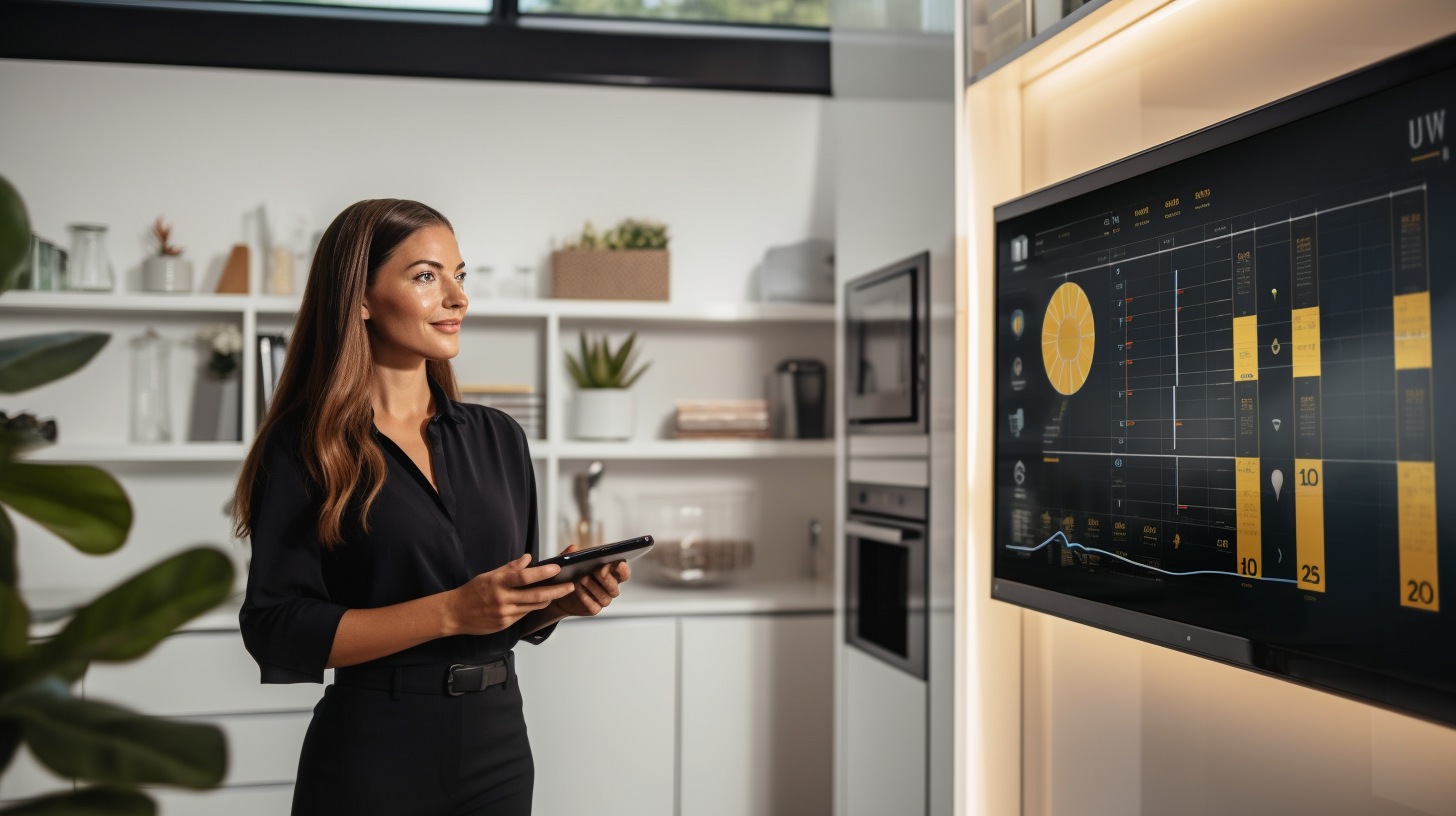 Eine Frau steht neben einer glänzenden, modernen Solarstromspeichereinheit in einem hellen und sauberen Heimbüro und zeigt einen digitalen Bildschirm mit Daten zur Energieverwendung und -speicherung.