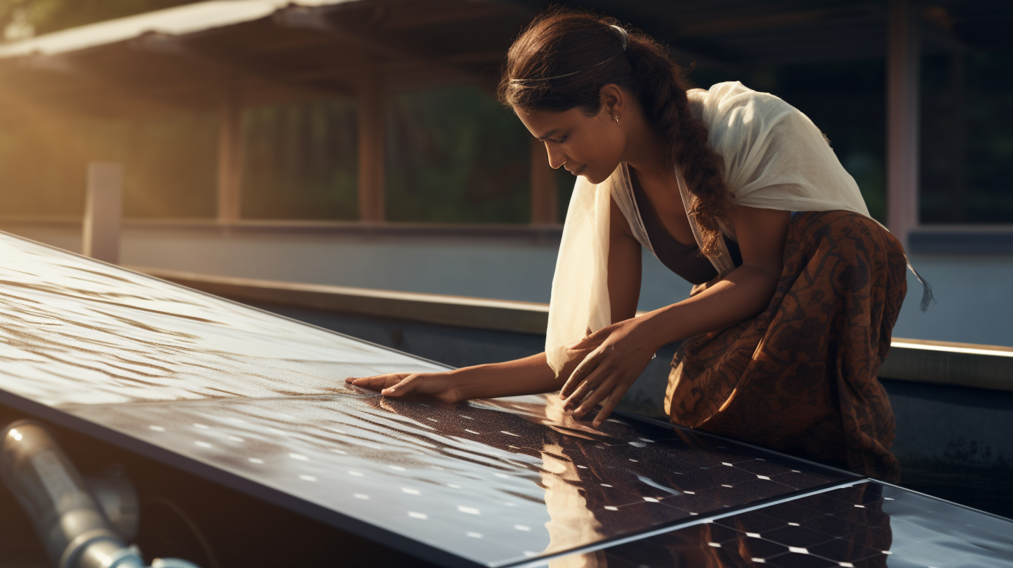 Eine Frau reinigt sanft ein Solarpanel mit einem weichen Tuch und klarem Wasser.