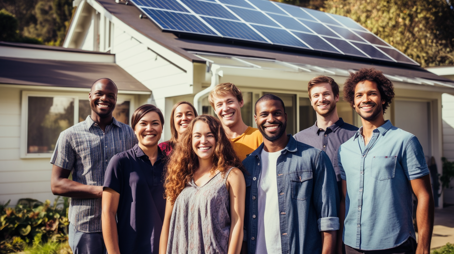 Ein lebendiges und optimistisches Foto einer vielfältigen Gruppe zufriedener Menschen, die vor einem Haus mit Solarmodulen auf dem Dach stehen, veranschaulicht die Freude, die die Investition in eine Solaranlage mit einem Speichergerät bringen kann.