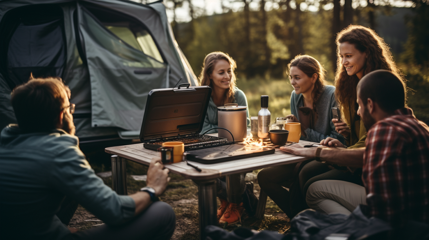 Eine fröhliche Gruppe von Campern kocht und unterhält sich an einem Lagerfeuer, während ihre Laptops, Handys und ein tragbares Radio durch ein mobiles Solarpanel in einigen Metern Entfernung mit Strom versorgt werden.