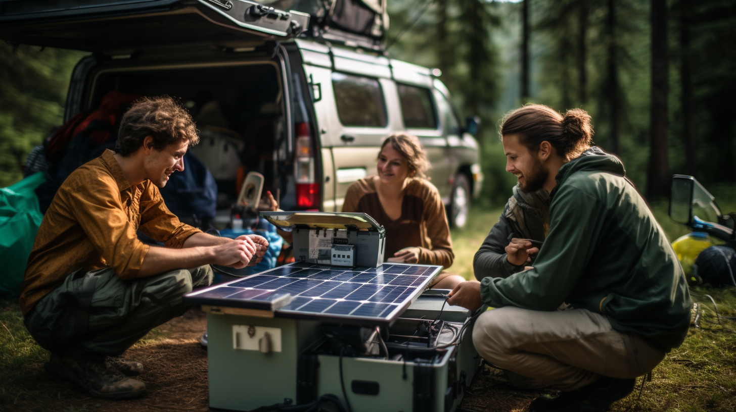 Eine Gruppe fröhlicher Camper richtet ein tragbares Solarpanel-System auf ihrem Campingplatz ein.