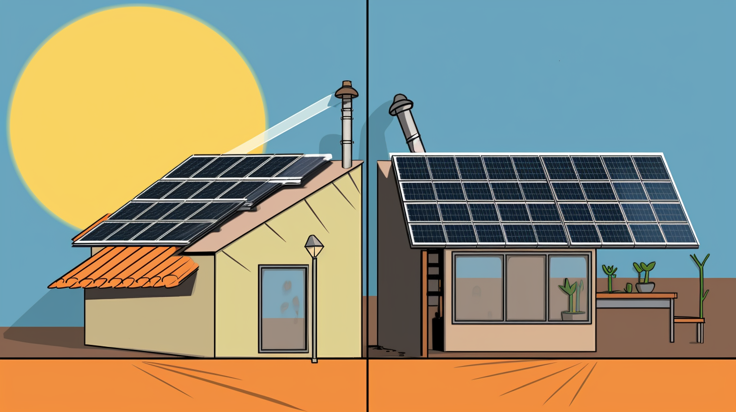 Eine Darstellung, die zeigt, wie Solarmodule funktionieren; das Sonnenlicht, das auf die Paneele trifft und von diesen in Energie umgewandelt wird, die dann in einer Batterie gespeichert oder zur Stromversorgung des Hauses genutzt wird.