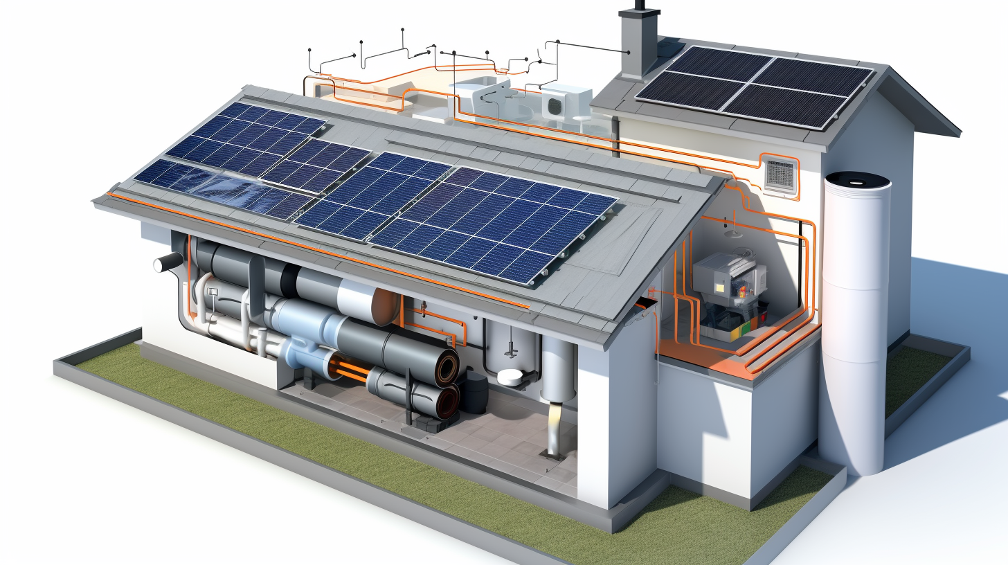 Eine detaillierte Darstellung der Funktionsweise von Solarthermieanlagen, mit einem typischen Solarabsorber auf dem Dach und einem innenliegenden Warmwasserspeicher.