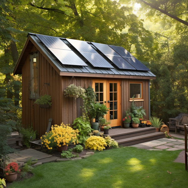 Im Garten steht ein Gerätehaus mit Solarpaneelen auf dem Dach