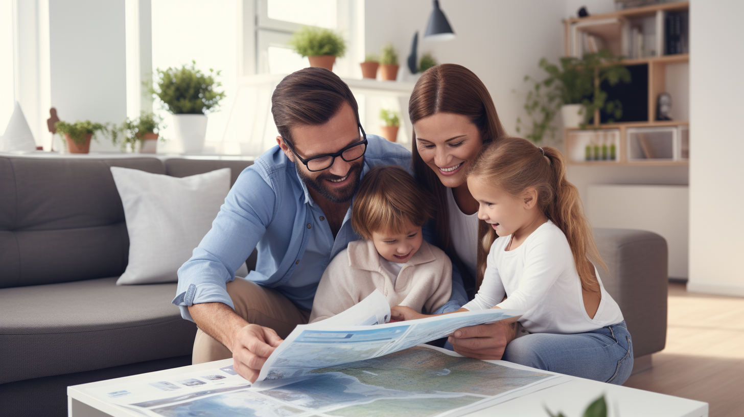 Eine glückliche Familie studiert eine Broschüre über Solarstrom-Subventionen