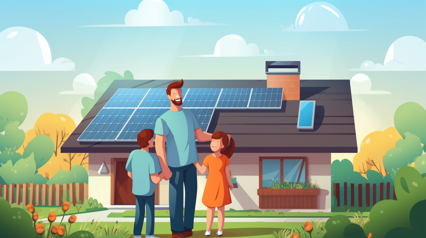 Eine Familie schaut zufrieden auf ein Haus mit einer thermischen Solaranlage auf dem Dach und zeigt ihre Zufriedenheit mit den Vorteilen der Nutzung dieses Systems.