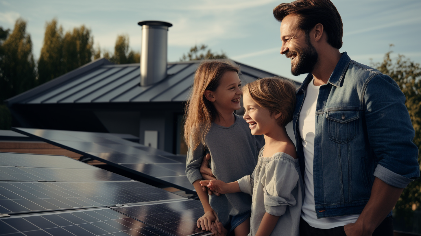 Eine glückliche Familie betrachtet ihre frisch installierten Solarpaneele auf ihrem Dach. Sie unterhalten sich und diskutieren die Vorteile ihrer neuen Investition.