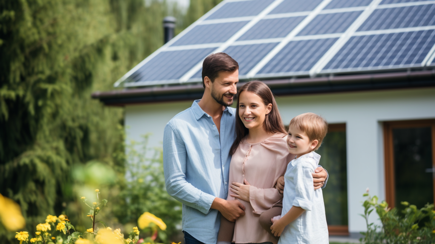 Glückliche Familie steht im Garten ihres energieeffizienten Hauses und betrachtet ihre neu installierten Solarpaneele.