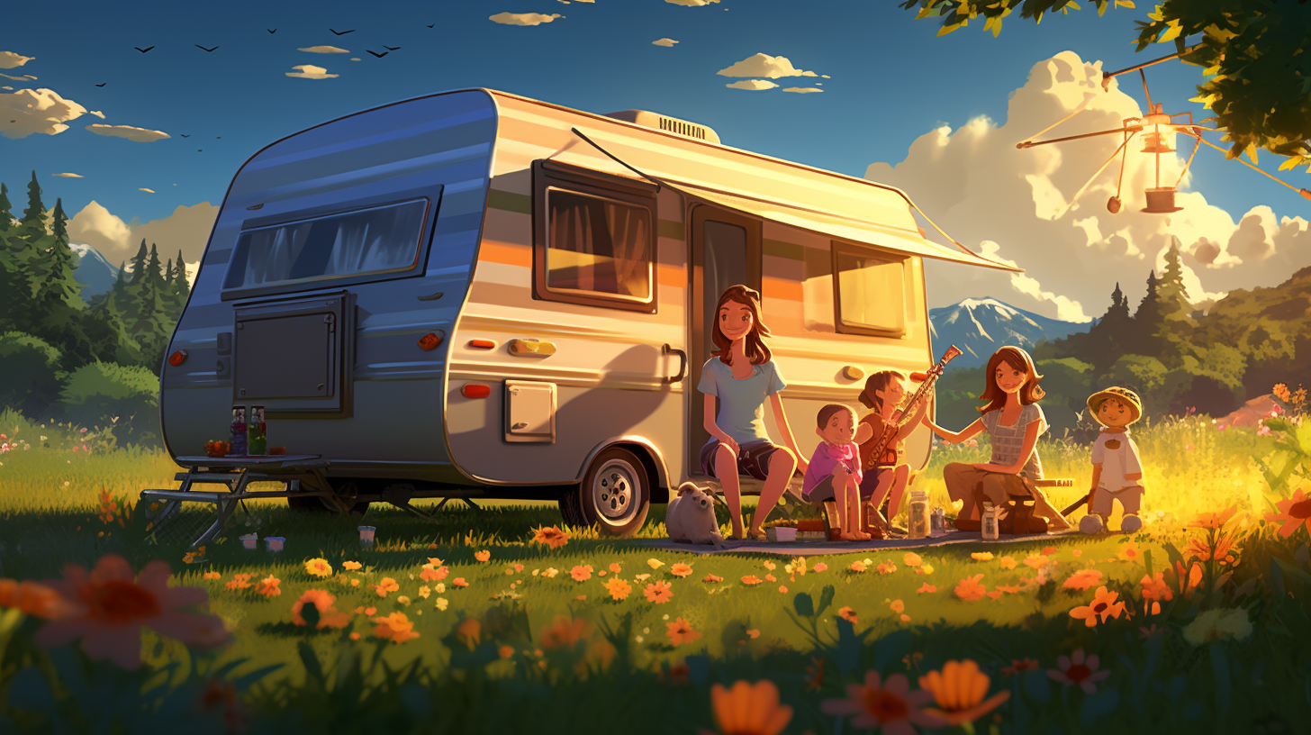Eine glückliche Familie beim Camping in einem Wohnwagen inmitten der Natur, erfreut über ihr Solarmodulsystem.
