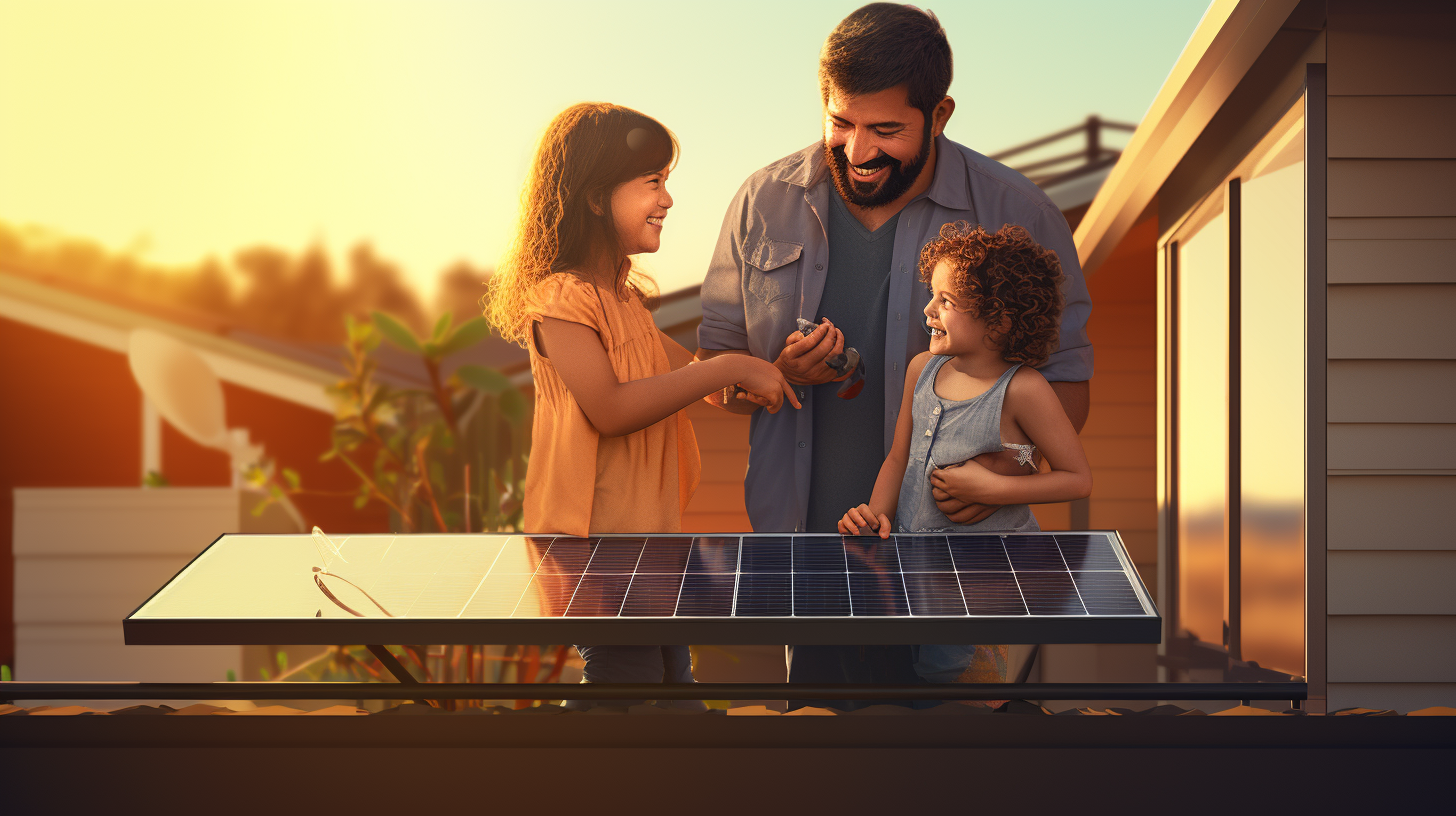 Eine glückliche Familie richtet ihr Solarpanel-Set auf dem Balkon ein.