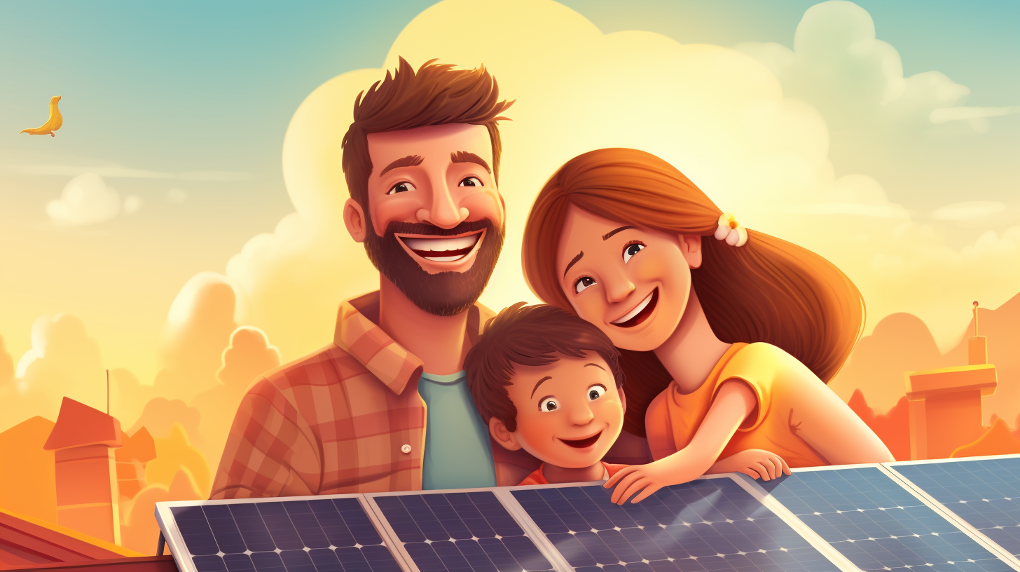 Eine glückliche Familie lächelt neben einem Solarmodul auf ihrem Dach.