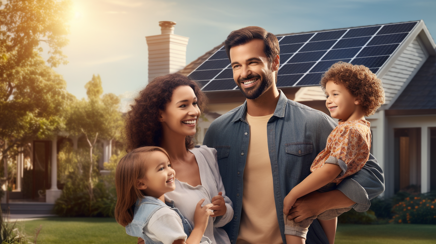 Eine glückliche Familie zeigt ihre Stromrechnung vor einem fotorealistischen Hintergrund eines Hauses mit Sonnenkollektoren und einem Energiespeichersystem.