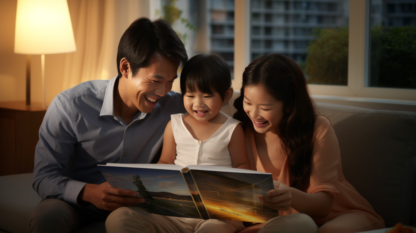 Eine glückliche Familie betrachtet eine Broschüre über staatliche Förderprogramme für Solaranlageninstallationen