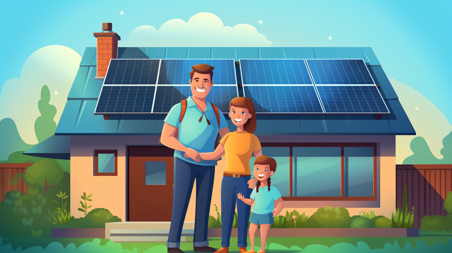 Eine glückliche Familie steht vor ihrem Haus, das mit einer 10kw Solaranlage ausgestattet ist.