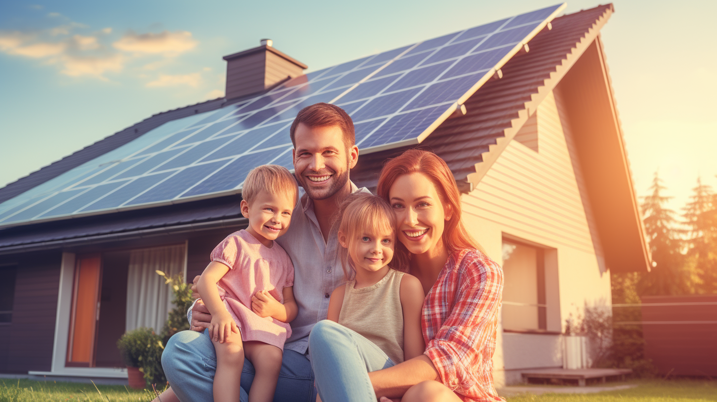 Eine Familie steht entspannt und zufrieden vor ihrem Haus, das mit Solarpaneelen ausgestattet ist. Sie wissen, dass sie Energiekosten sparen und den Wert ihrer Immobilie steigern.