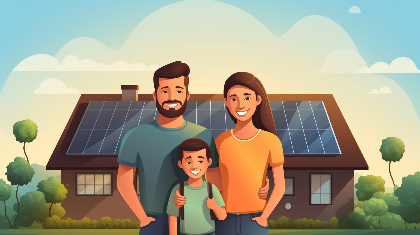 Eine glückliche Familie steht in der Nähe ihres Hauses, auf dessen Dach eine kleine Solaranlage installiert ist.