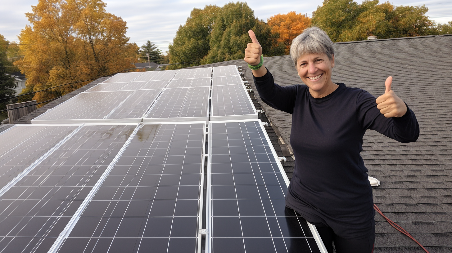 Eine zufriedene und glückliche Hauseigentümerin betrachtet ihre Solaranlage auf dem Dach ihres Hauses, ist zufrieden mit der Installation und den Einsparungen, die sie erzielt.