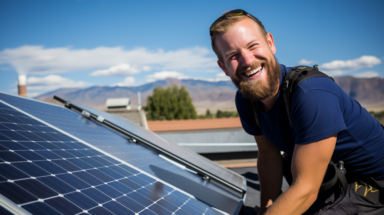 Eine glückliche und zufriedene Person installiert ein Aldi Solarpanel auf ihrem Dach.