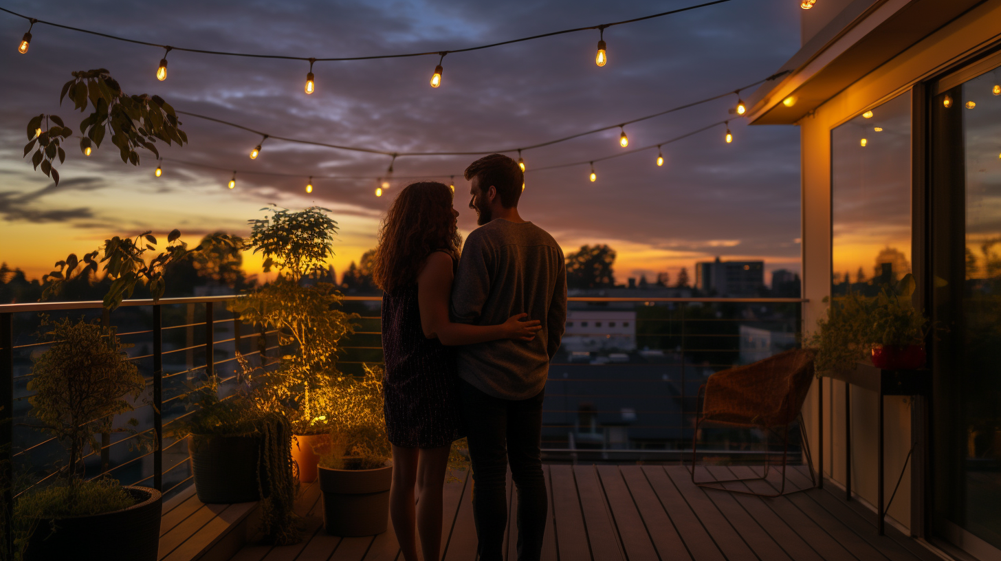Ein glückliches Paar steht abends auf dem Balkon und schaut auf ihre neu installierten Solarzellen. Sie fühlen sich zufrieden mit ihrem Beitrag zu einem nachhaltigen Lebensstil.