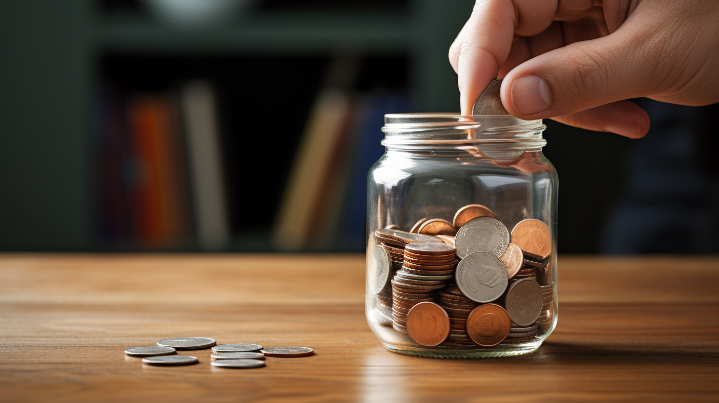 Eine glückliche Person steckt Münzen in ein Glas, das mit Ersparnisse beschriftet ist. Passend, um die Vorteile eines Sparplans zu veranschaulichen.