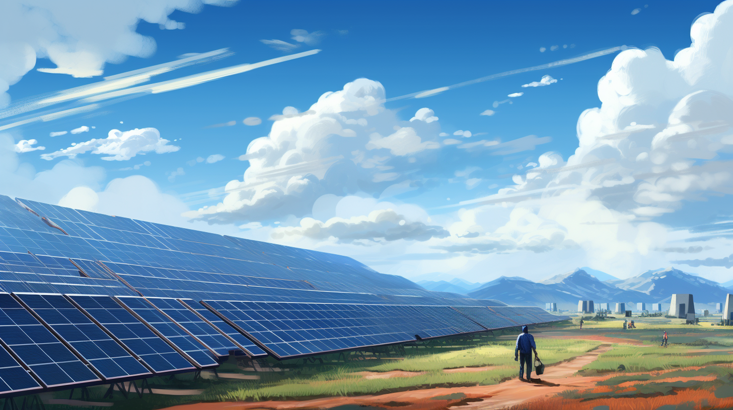 Großes Feld mit Solarpaneelen, die unter klarem blauen Himmel glänzen, während Menschen sie überwachen.